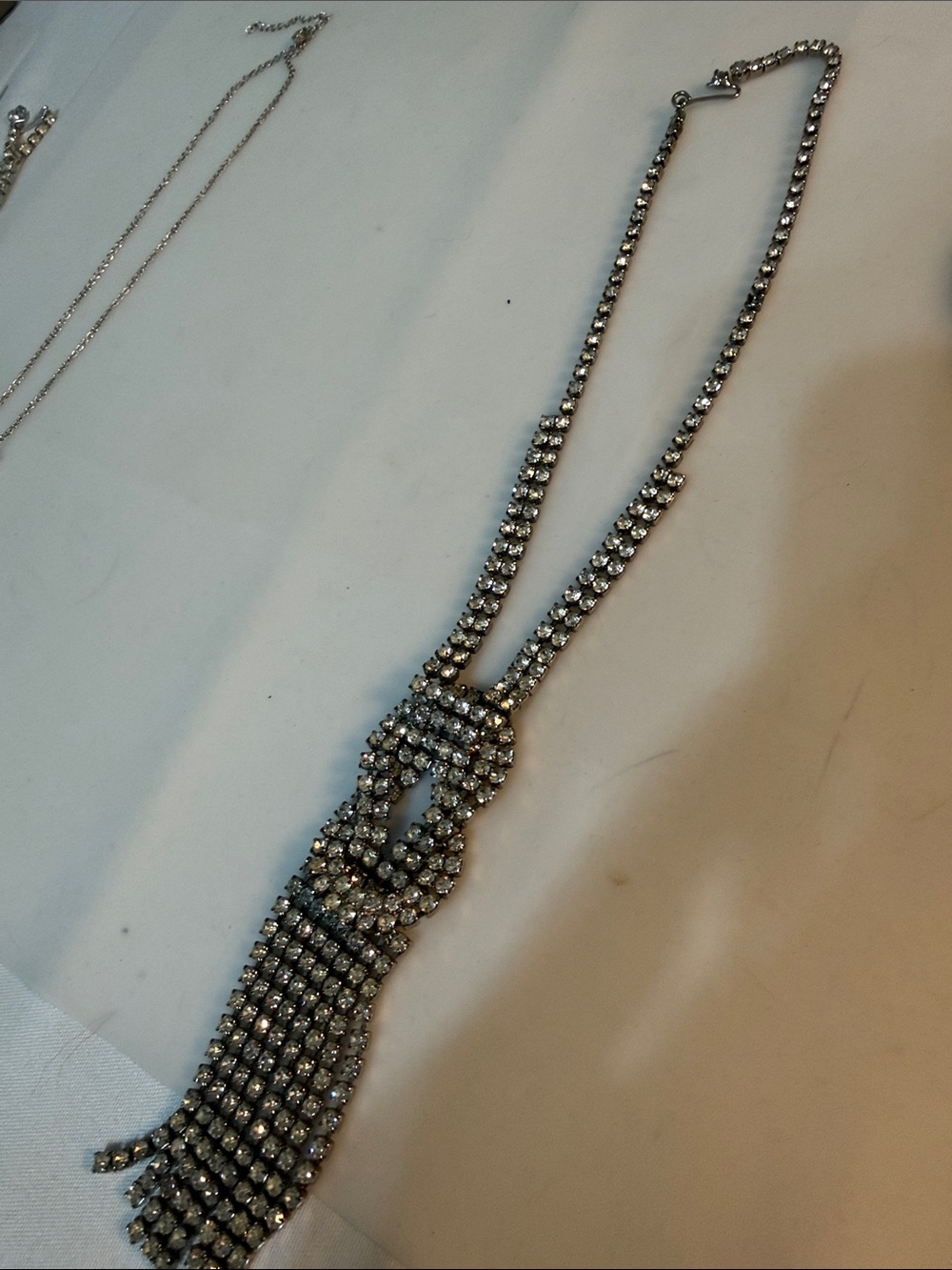 Vintage Rhinestone Tassel Statement Necklace - Silver 14” appx - Picture 4 of 6